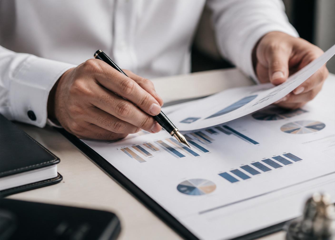 Detail rukou při kontrole finančního reportu s plnicím perem